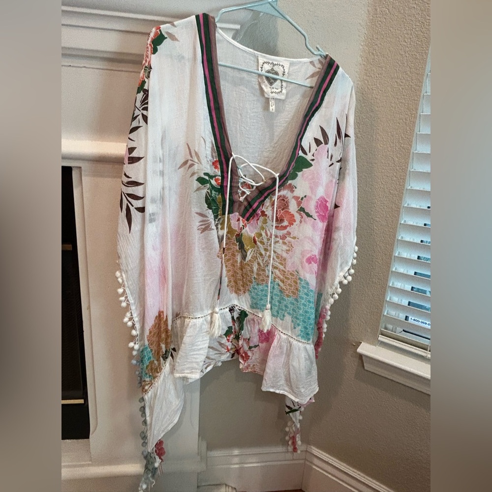 Z&L Europe floral print airy 100% cotton Pom-Pom caftan swim cover size small